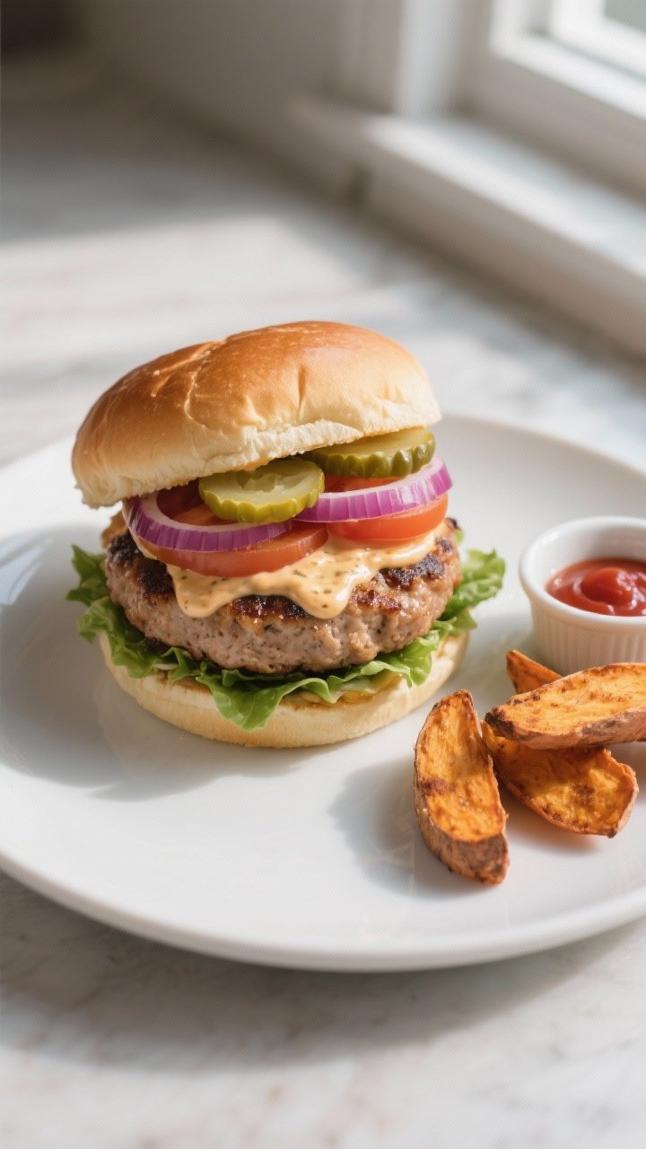 Final dish presentation: Restaurant-quality plated turkey burger on a lightly toasted brioche bun wi