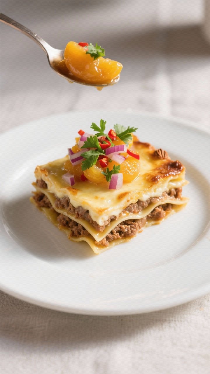Final dish presentation: Restaurant-quality plated mini bobotie lasagna slice on a white ceramic pla