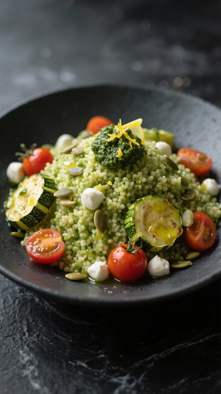 Final dish presentation: Restaurant-quality plated bowl with a generous mound of green-kissed cousco