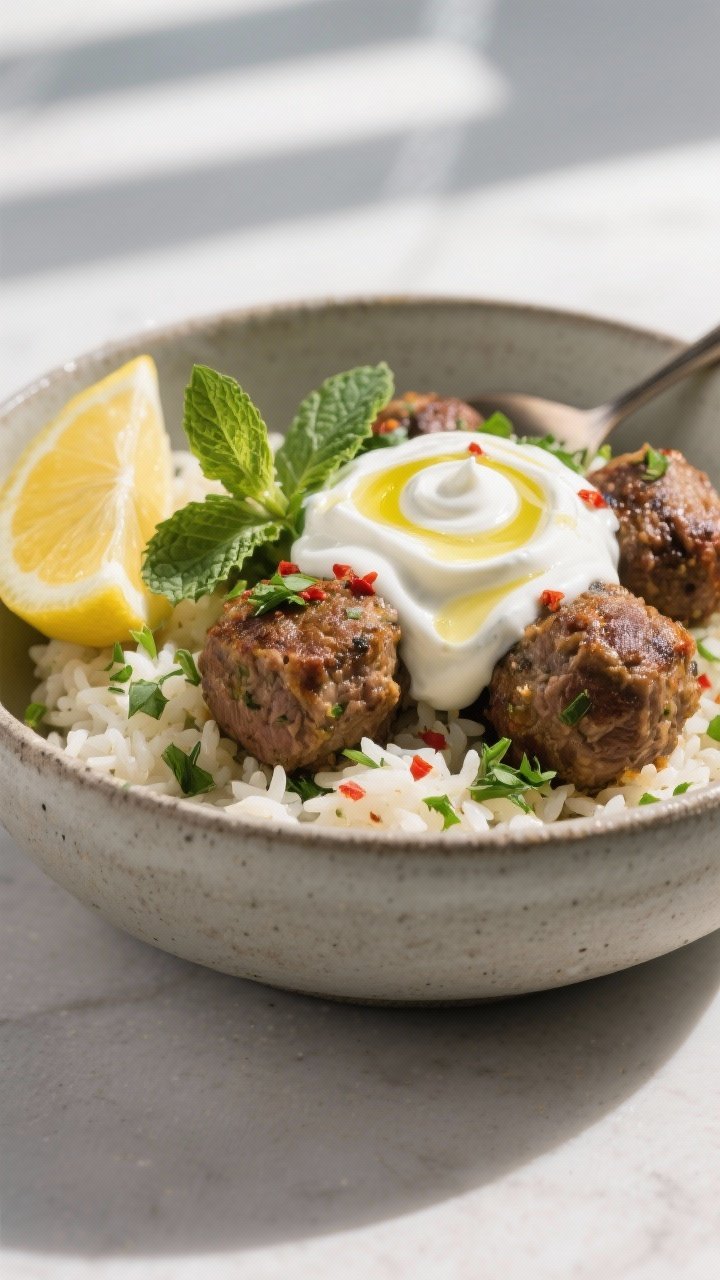 Final dish presentation: Restaurant-quality plated kofta bowl—juicy lamb koftas over herbed rice, 