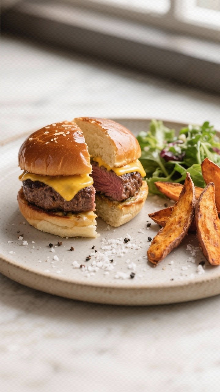 Final dish presentation: Restaurant-quality plated bison burger cut in half to reveal a medium-rare 