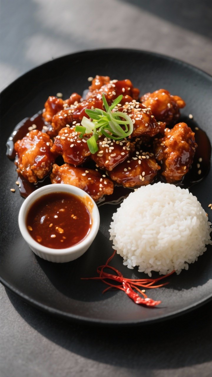 Final dish presentation: Restaurant-quality plated General Tso’s chicken on a sleek black plate, l