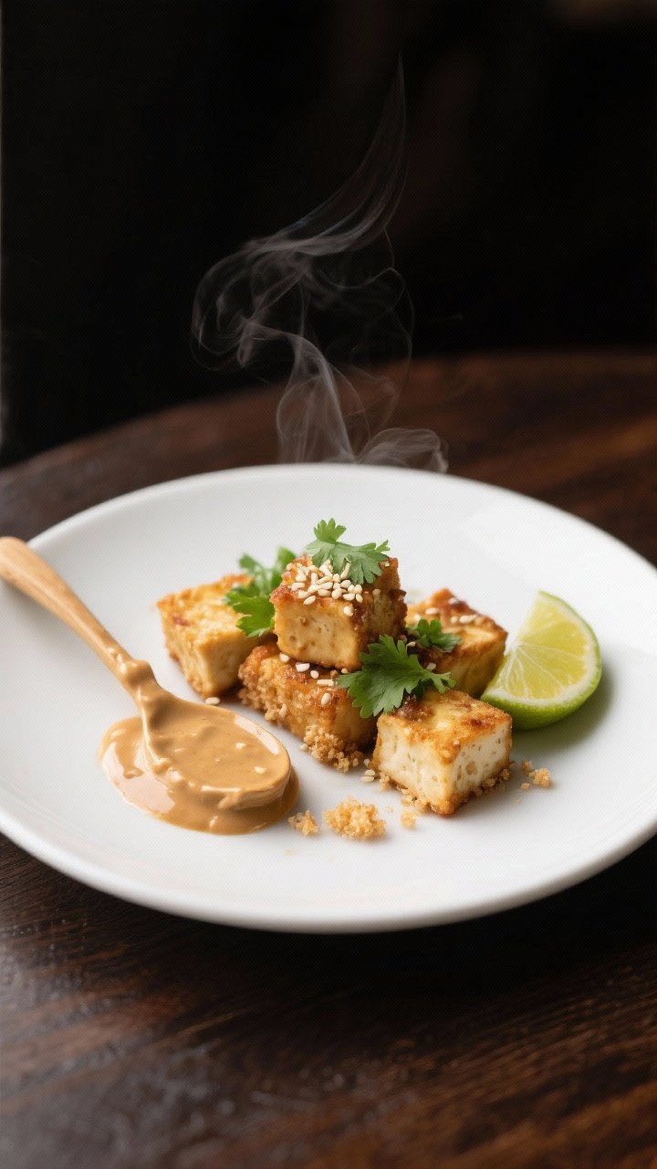 Final dish presentation: Restaurant-quality plated tofu nuggets with peanut sauce generously spooned