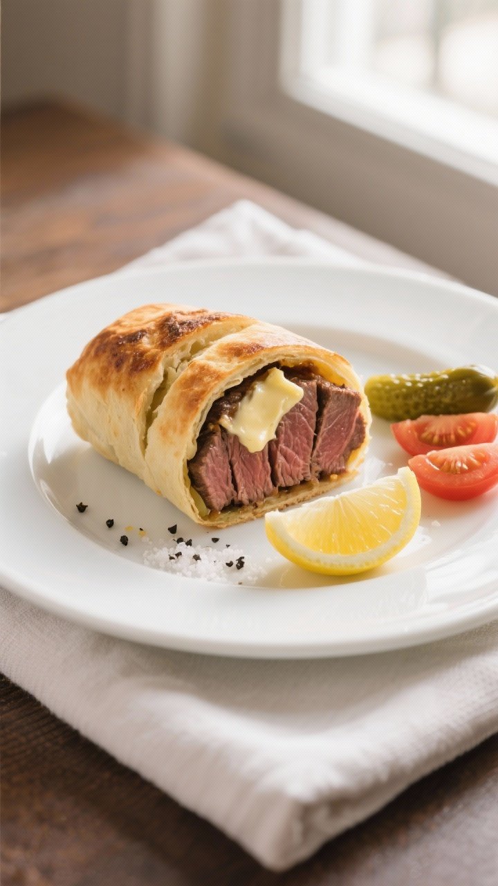 Final dish presentation: Restaurant-quality plated Prego steak roll on a white ceramic plate, split