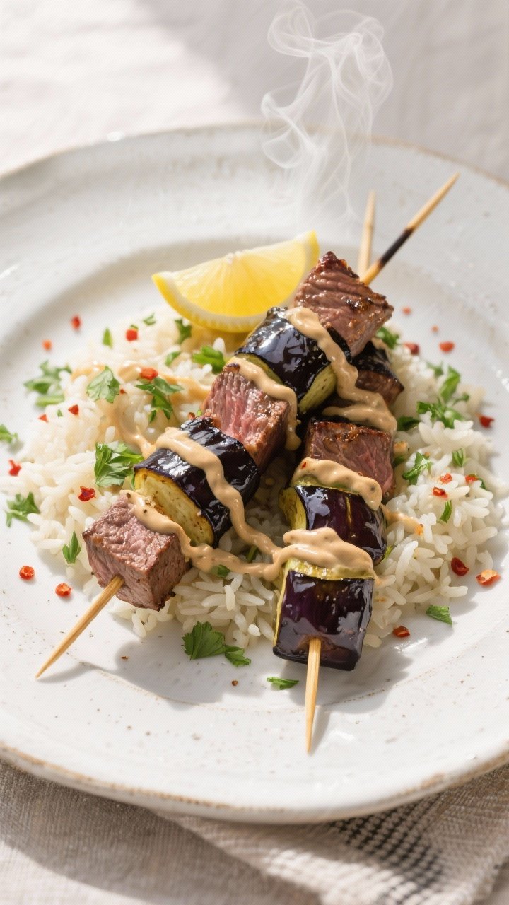 Final dish presentation: Restaurant-quality plated kebab dish—two skewers slid off onto a ceramic 