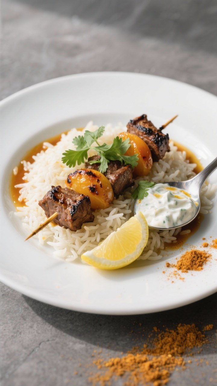 Final dish presentation: Restaurant-quality plated sosaties over fluffy basmati rice with a spoon of