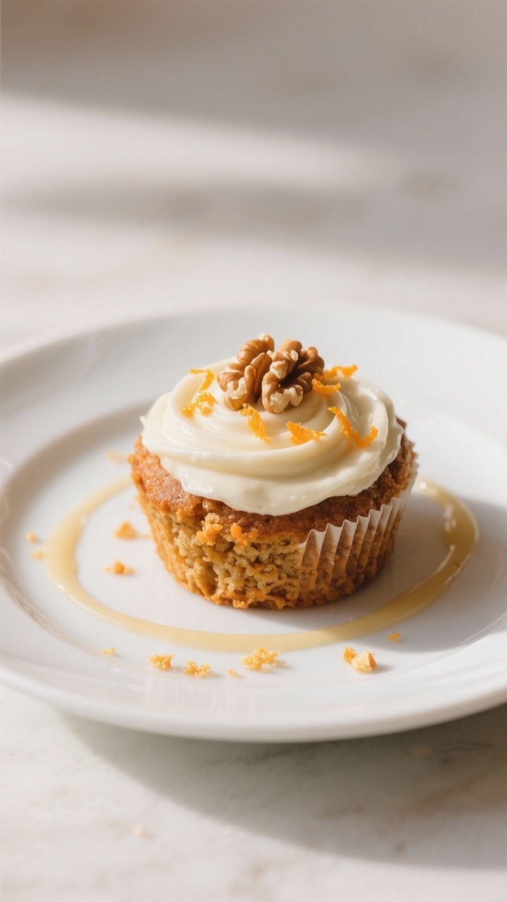 Final dish presentation: Restaurant-quality plated carrot cake muffin with a smooth cream cheese gla