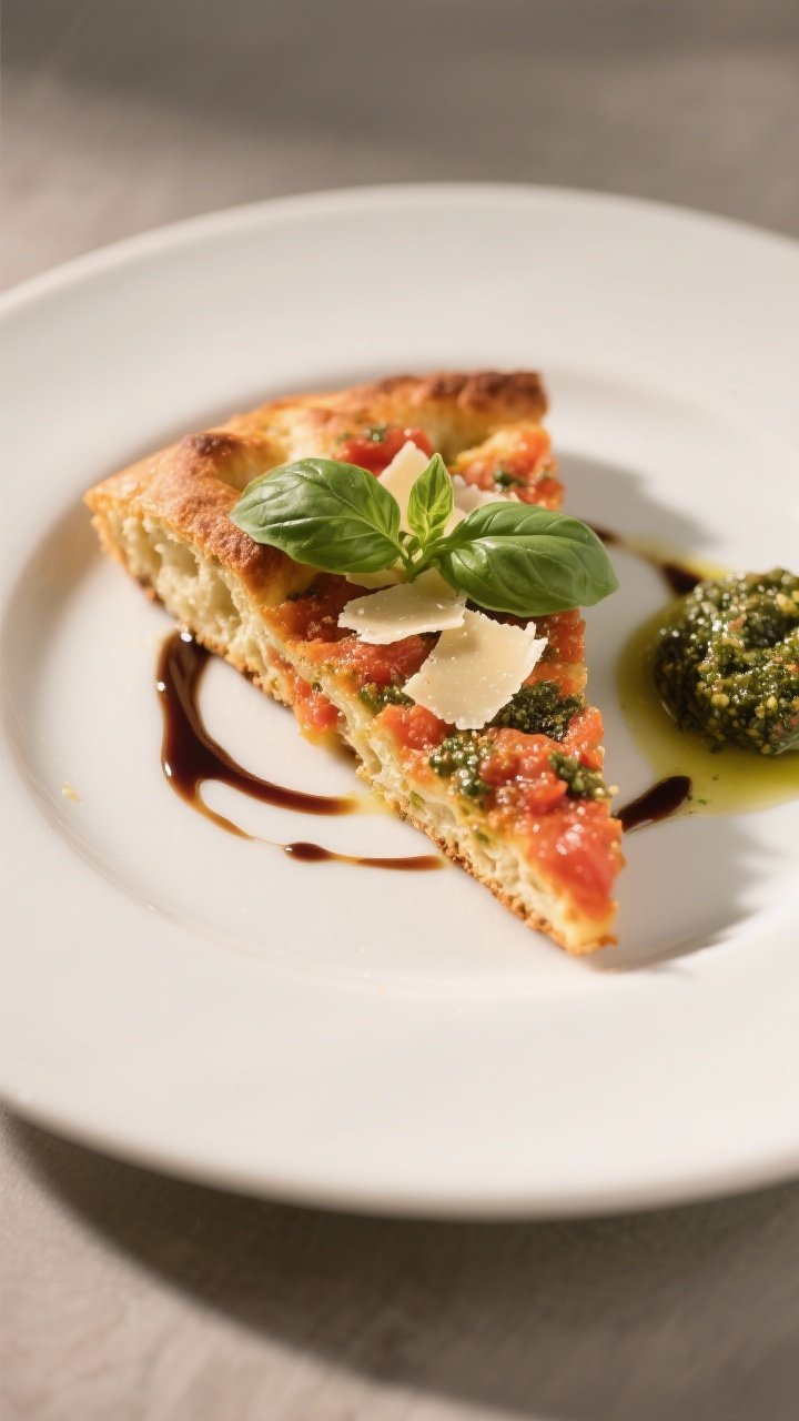 Final dish presentation: Restaurant-quality plated wedge of Tomato Pesto Focaccia on a matte white p