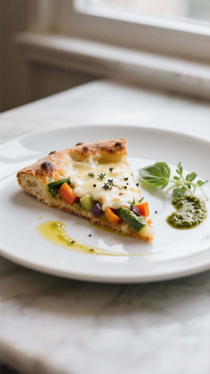 Final dish presentation: Restaurant-quality plated slice on a matte white plate with a rustic crust 