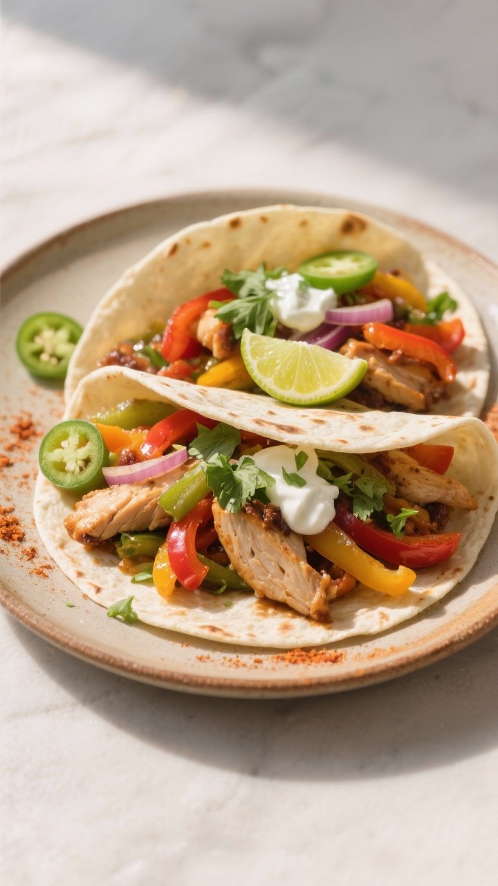 Final dish presentation: Restaurant-quality plated chicken fajitas—two flour tortillas folded and 