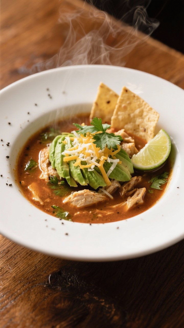 Final dish presentation: Restaurant-quality plated bowl of Mexican chicken soup with a glossy, rich 