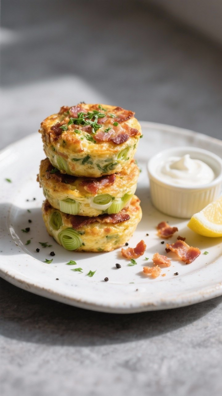 Final dish presentation: Restaurant-quality plating of three mini bacon and leek frittatas stacked s