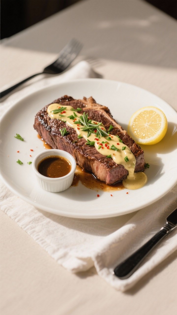 Final dish presentation: Restaurant-quality plating of whole steak topped with a glossy ribbon of bl