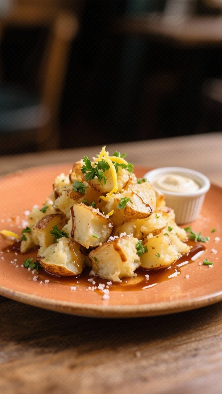 Final dish presentation: Restaurant-quality plating of salt and vinegar smashed potatoes piled on a 