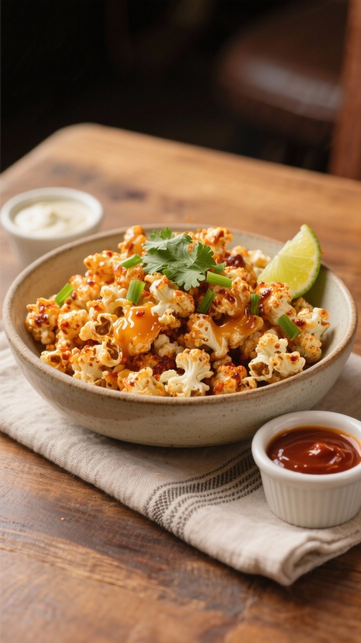 Final dish presentation: Restaurant-quality plating of hot and spicy popcorn cauliflower piled in a 