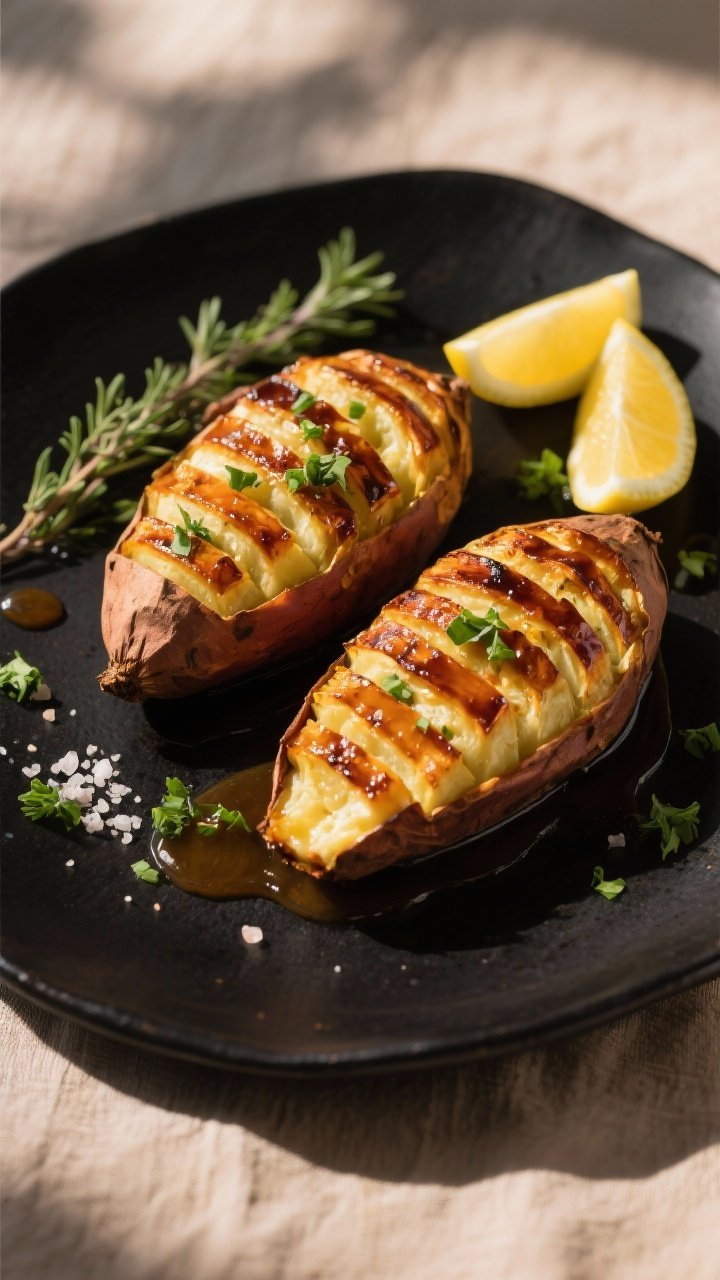 Final dish presentation: Restaurant-quality plating of two Hasselback sweet potatoes on a matte blac