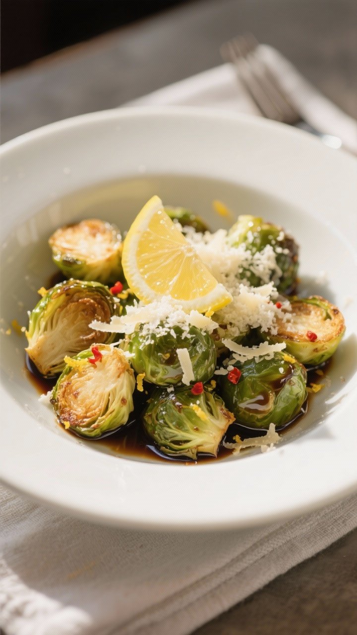 Final dish presentation: Restaurant-quality plating of air-fried Brussels sprouts in a low, wide whi