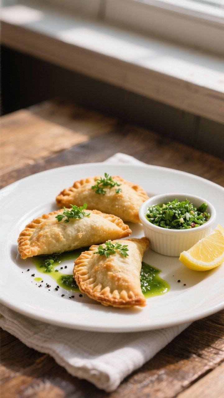 Final dish presentation: Restaurant-quality plating of three crispy empanadas on a wide white plate 