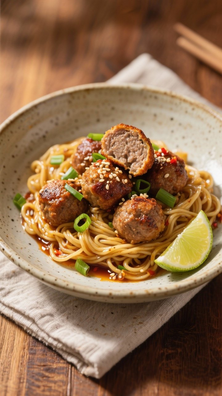 Final dish presentation: Restaurant-quality plating of air-fried meatballs on a nest of glossy egg n