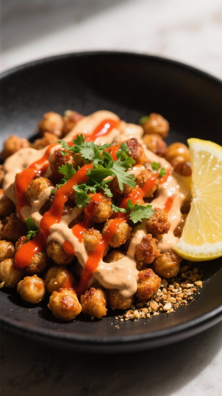 Final dish presentation: Restaurant-quality plating of crispy chickpeas piled in a shallow matte-bla