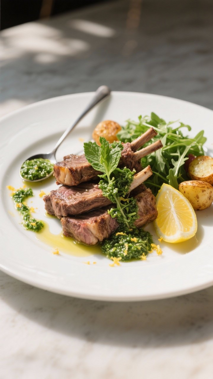 Final dish presentation: Restaurant-quality plating of air fryer lamb cutlets stacked slightly overl