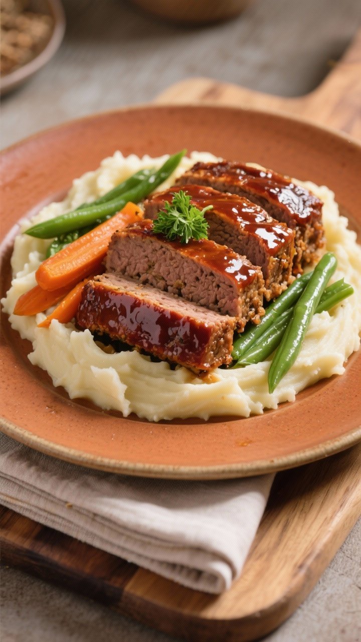 Final dish presentation: Restaurant-quality plating of thick meatloaf slices fanned over creamy mash
