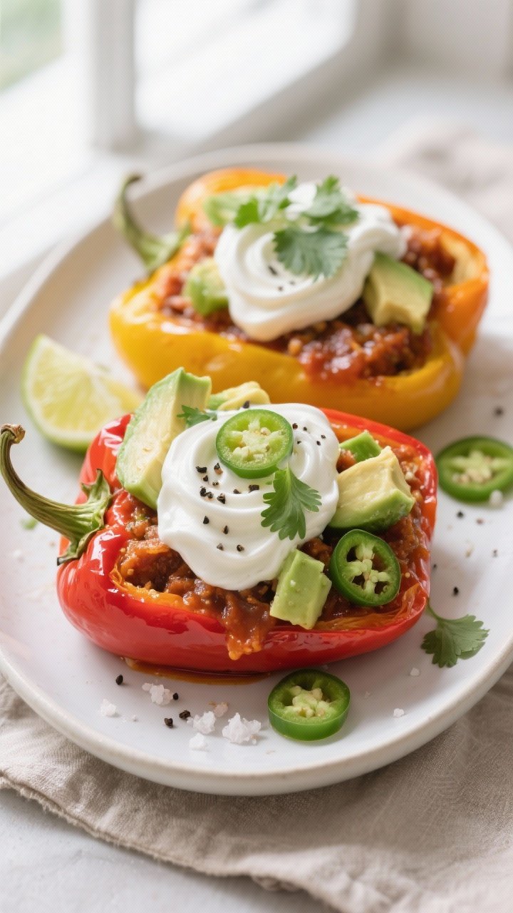 Final dish presentation: Restaurant-quality plating of Air Fryer Taco Stuffed Peppers on a matte whi