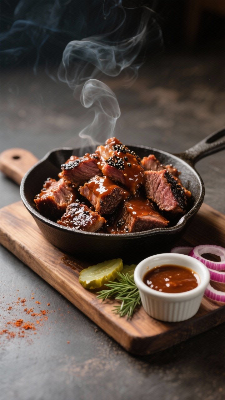 Final dish presentation: Restaurant-quality plating of air fryer brisket burnt ends piled in a small