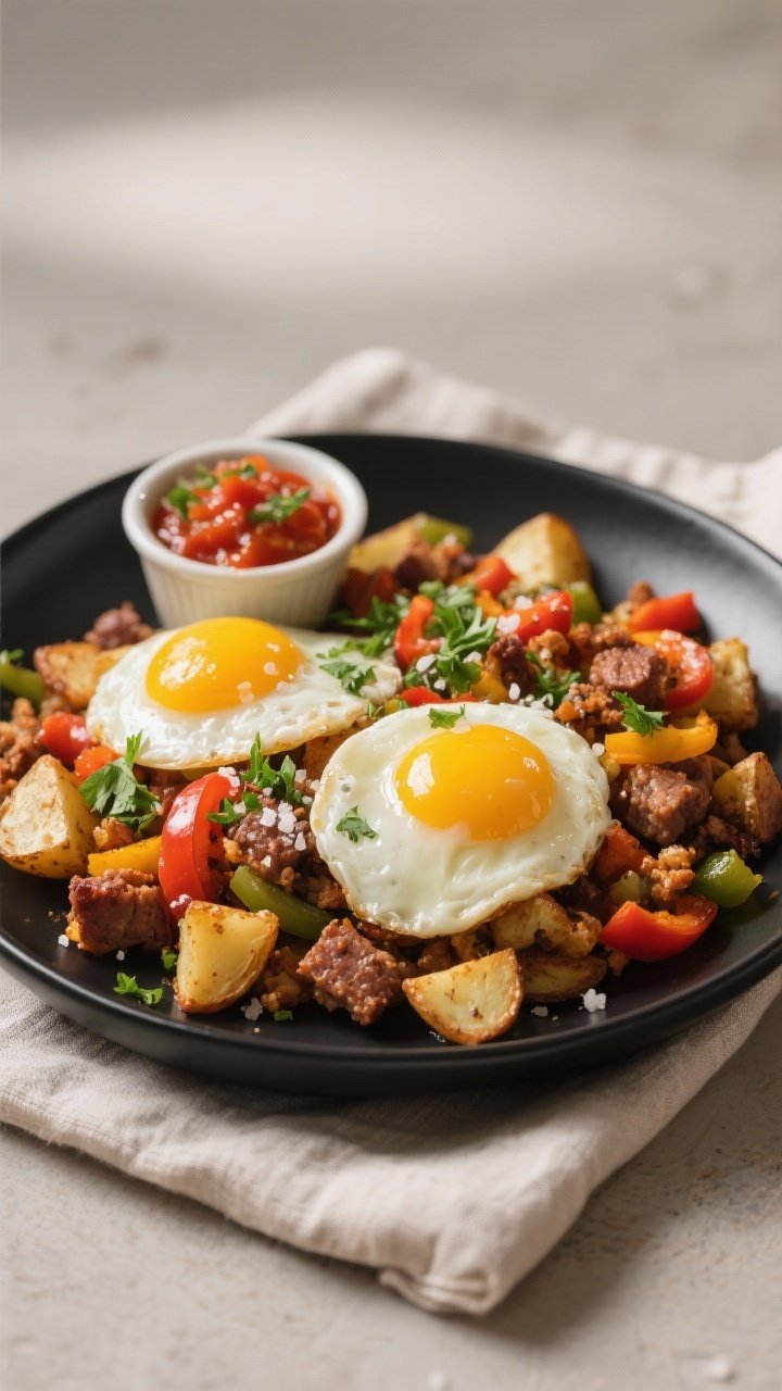 Final dish presentation: Restaurant-quality plating of Air Fryer Breakfast Hash with Eggs in a matte
