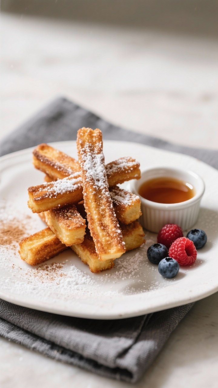 Final dish presentation: Restaurant-quality plating of French toast sticks stacked in a neat crisscr