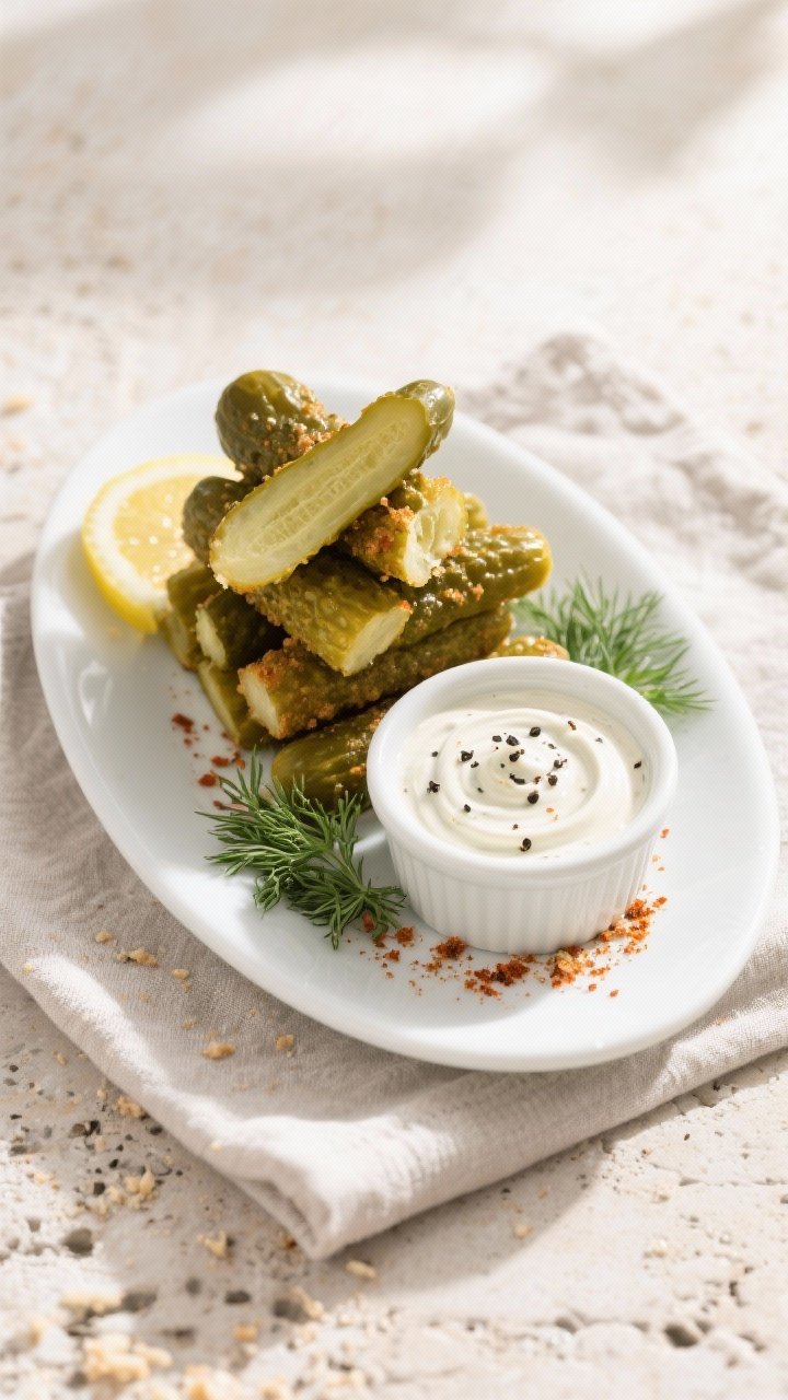 Final dish presentation: Restaurant-quality plating of air fryer pickle spears stacked on a white ov