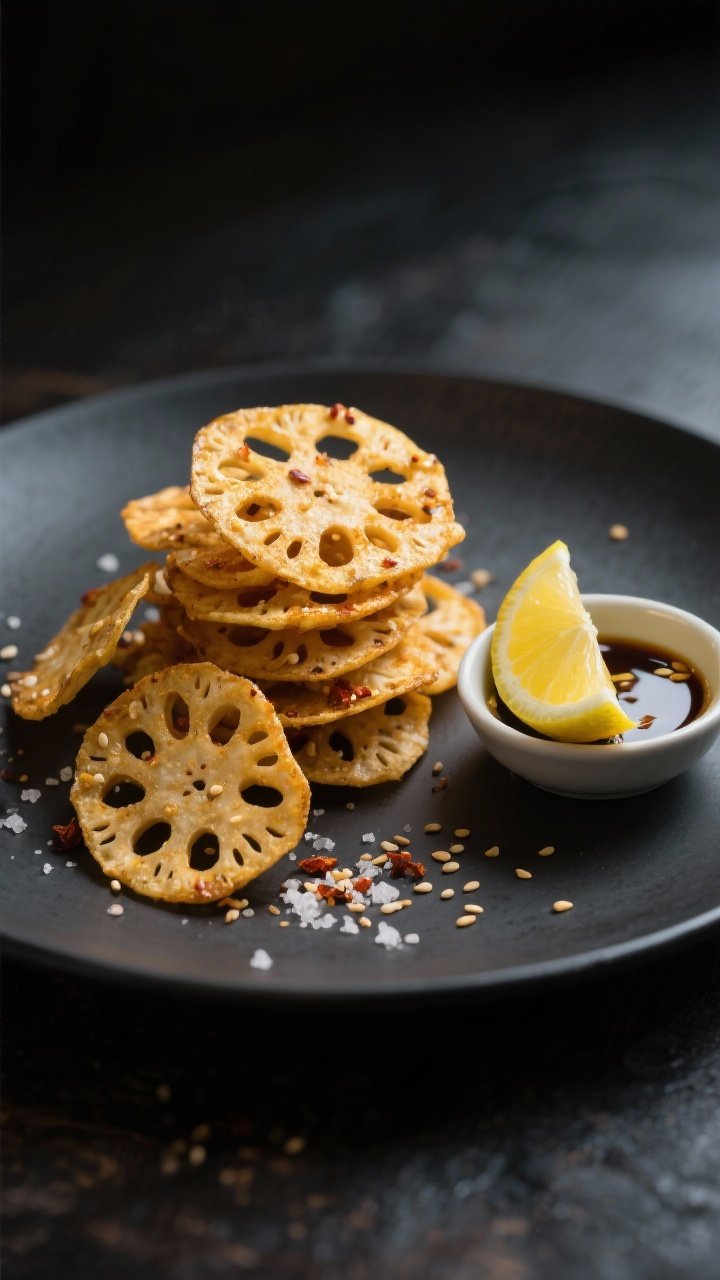 Final dish presentation: Restaurant-quality plating of lotus root chips on a matte charcoal plate, f