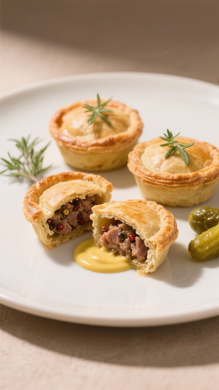 Final dish presentation: Restaurant-quality plating of three mini pork pies on a matte white plate, 