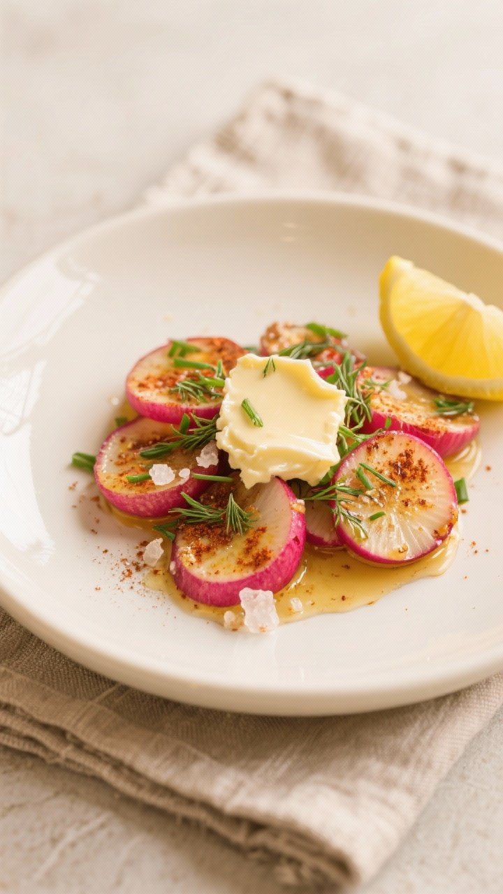Final dish presentation: Restaurant-quality plating of Air Fryer Roasted Radishes with Butter on a w