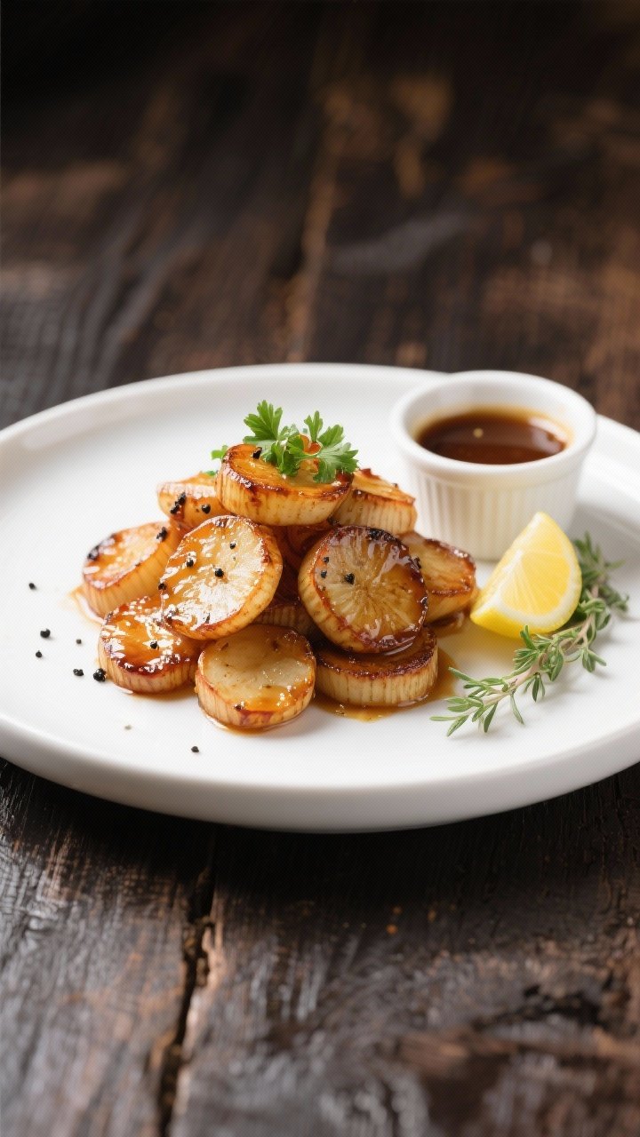 Final dish presentation: Restaurant-quality plating of Air Fryer Glazed Turnips on a wide white rimm