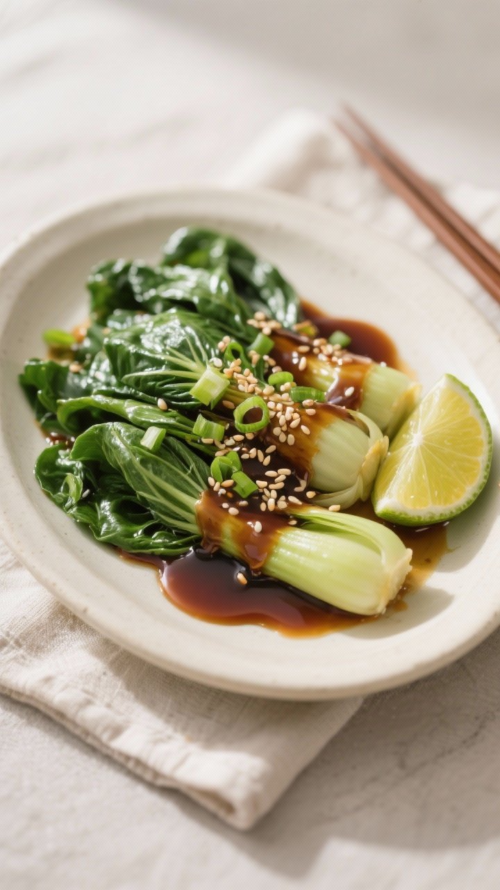 Final dish presentation: Restaurant-quality plating of soy-glazed air fryer bok choy on a wide, off-