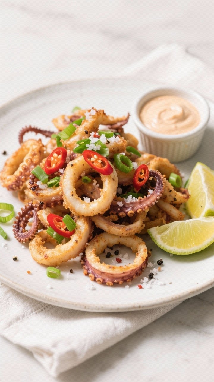 Final dish presentation: Restaurant-quality plating of Air Fryer Salt and Pepper Squid on a shallow 