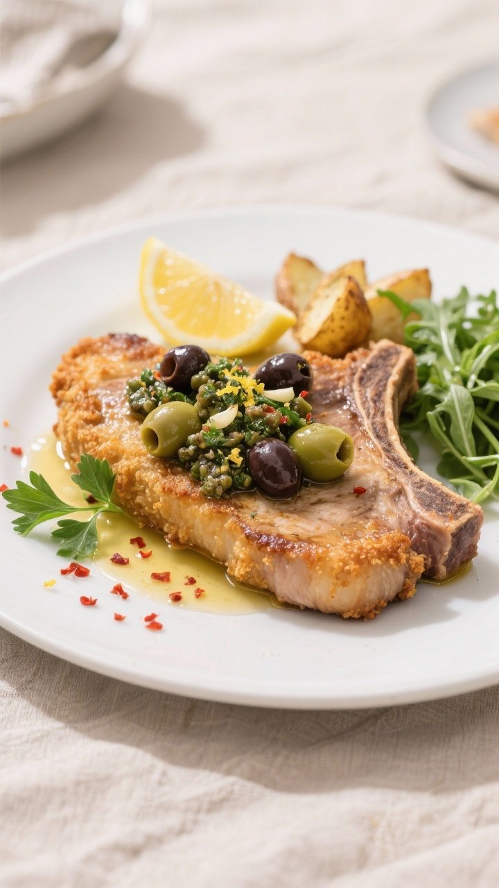 Final dish presentation: Restaurant-quality plating of Air Fryer Fried Pork Chops with olive tapenad
