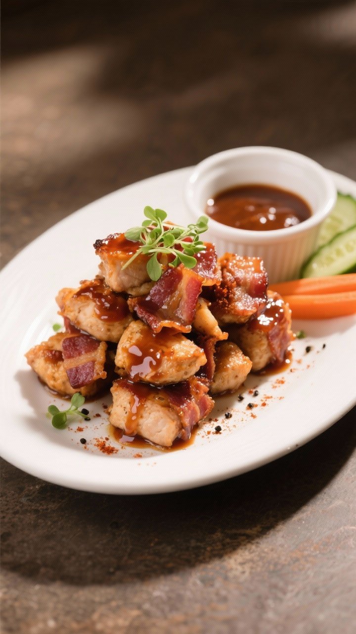 Final dish presentation: Restaurant-quality plating of Air Fryer Chicken and Bacon Bites stacked on 