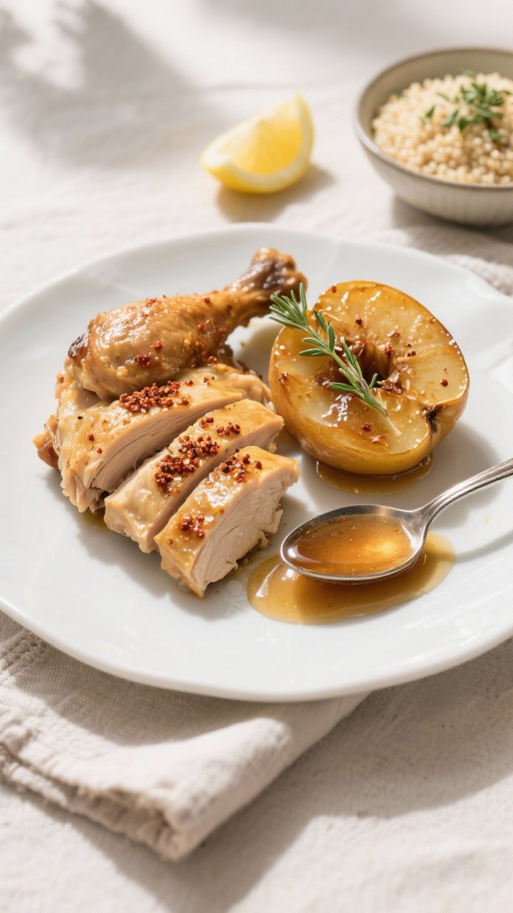 Final dish presentation: Restaurant-quality plating of carved butterfly chicken (juicy breast slices
