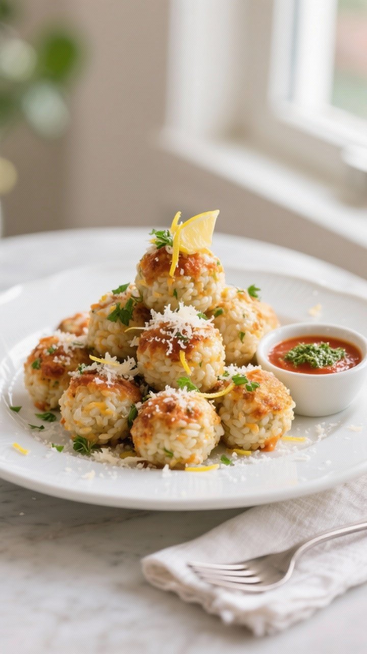 Final dish presentation: Restaurant-quality plating of air fryer cheesy risotto balls on a matte whi