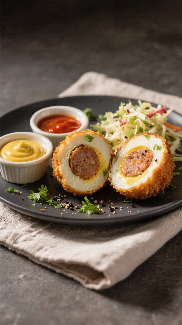 Final dish presentation: Restaurant-quality plating of halved Air Fryer Scotch Eggs with boerewors o