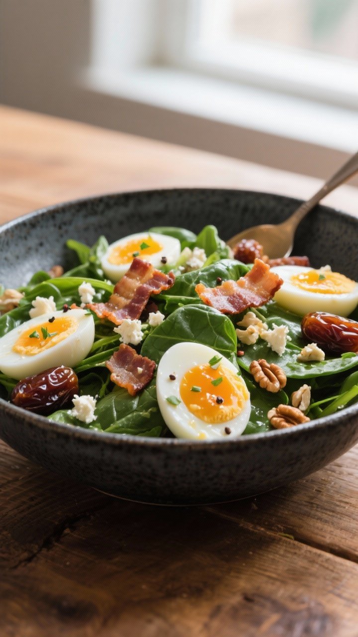 Final dish presentation: Restaurant-quality plating of Air Fryer Spinach Salad with Boiled Eggs, Bac