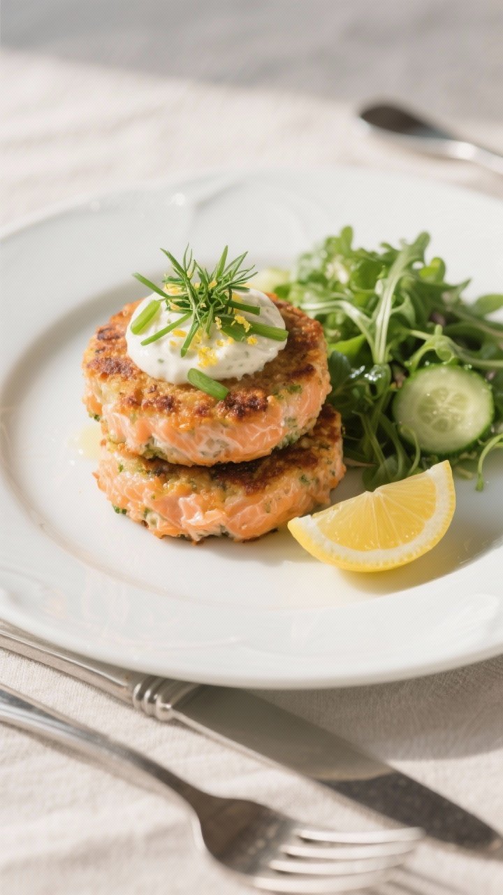 Final dish presentation: Restaurant-quality plating of two salmon fishcakes stacked slightly off-cen