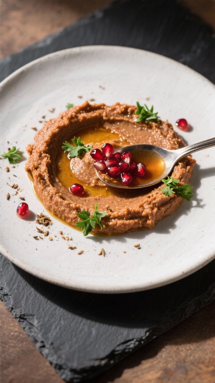 Final dish presentation: Restaurant-quality plating of muhammara spread in a wide circle with a spoo