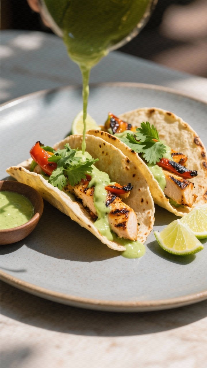 Final dish presentation: Restaurant-quality plating of tacos al fresco—warm tortillas filled with 