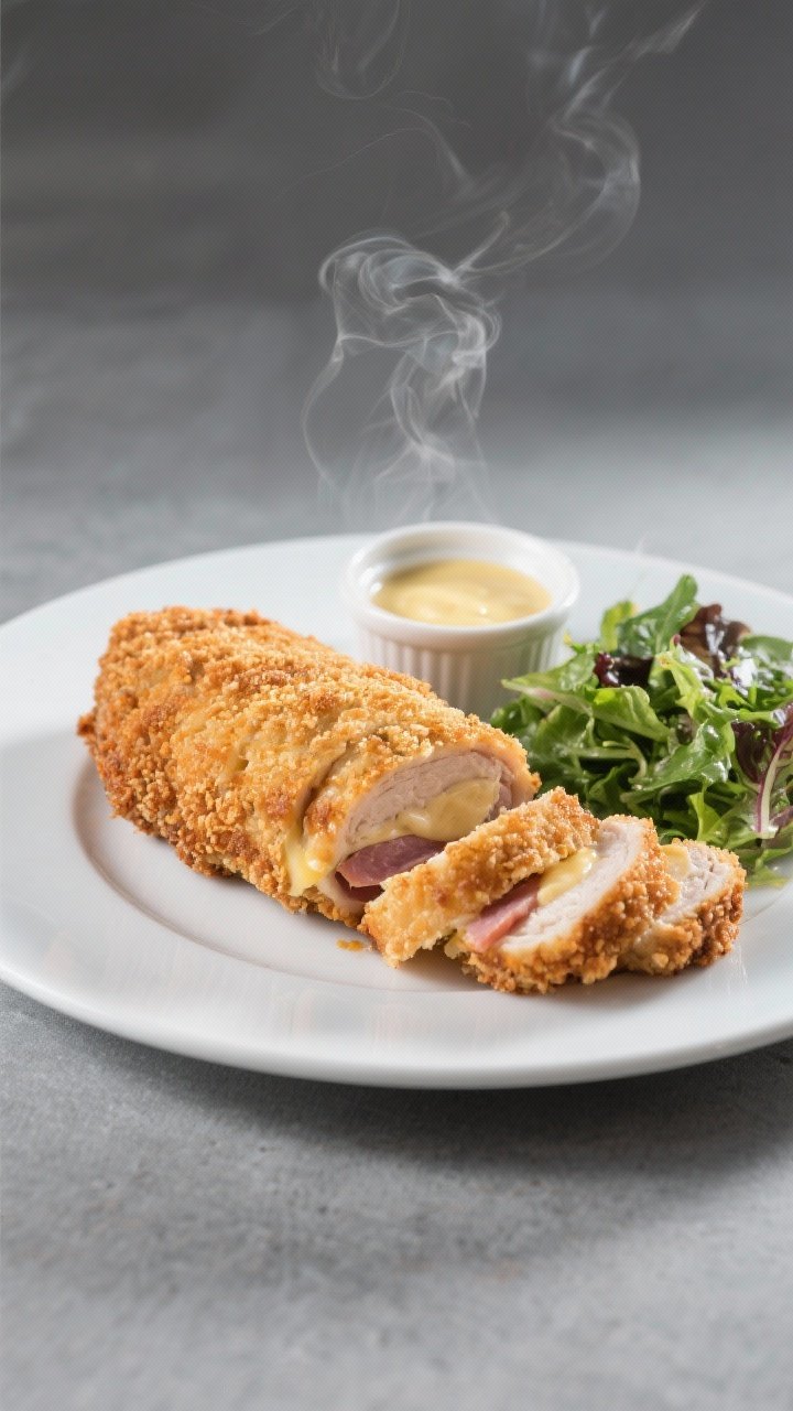 Final dish presentation: Restaurant-quality plating of a whole chicken cordon bleu roll rested and t