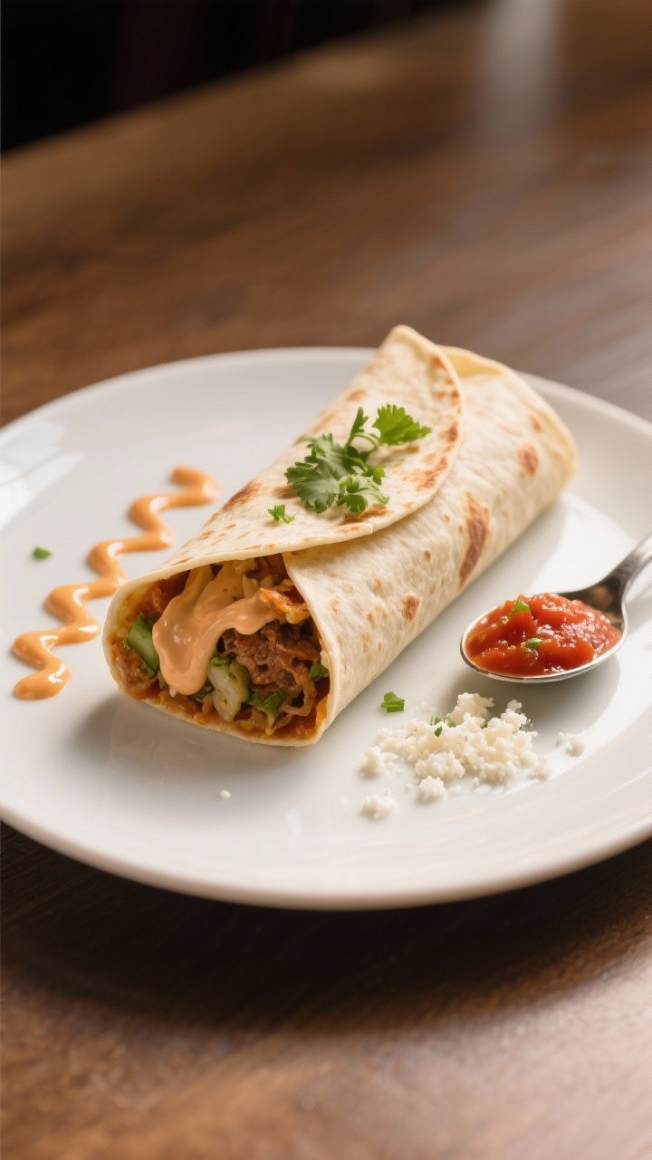 Final dish presentation: Restaurant-quality plating of a whole burrito with one end sliced to expose