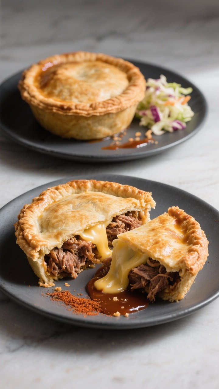 Final dish presentation: Restaurant-quality plating of two full-size pulled-pork pies on a matte cha