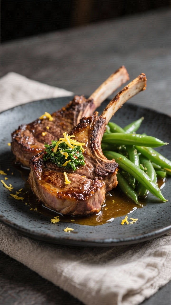 Final dish presentation: Restaurant-quality plating of two lamb chops, crust side facing up, stacked